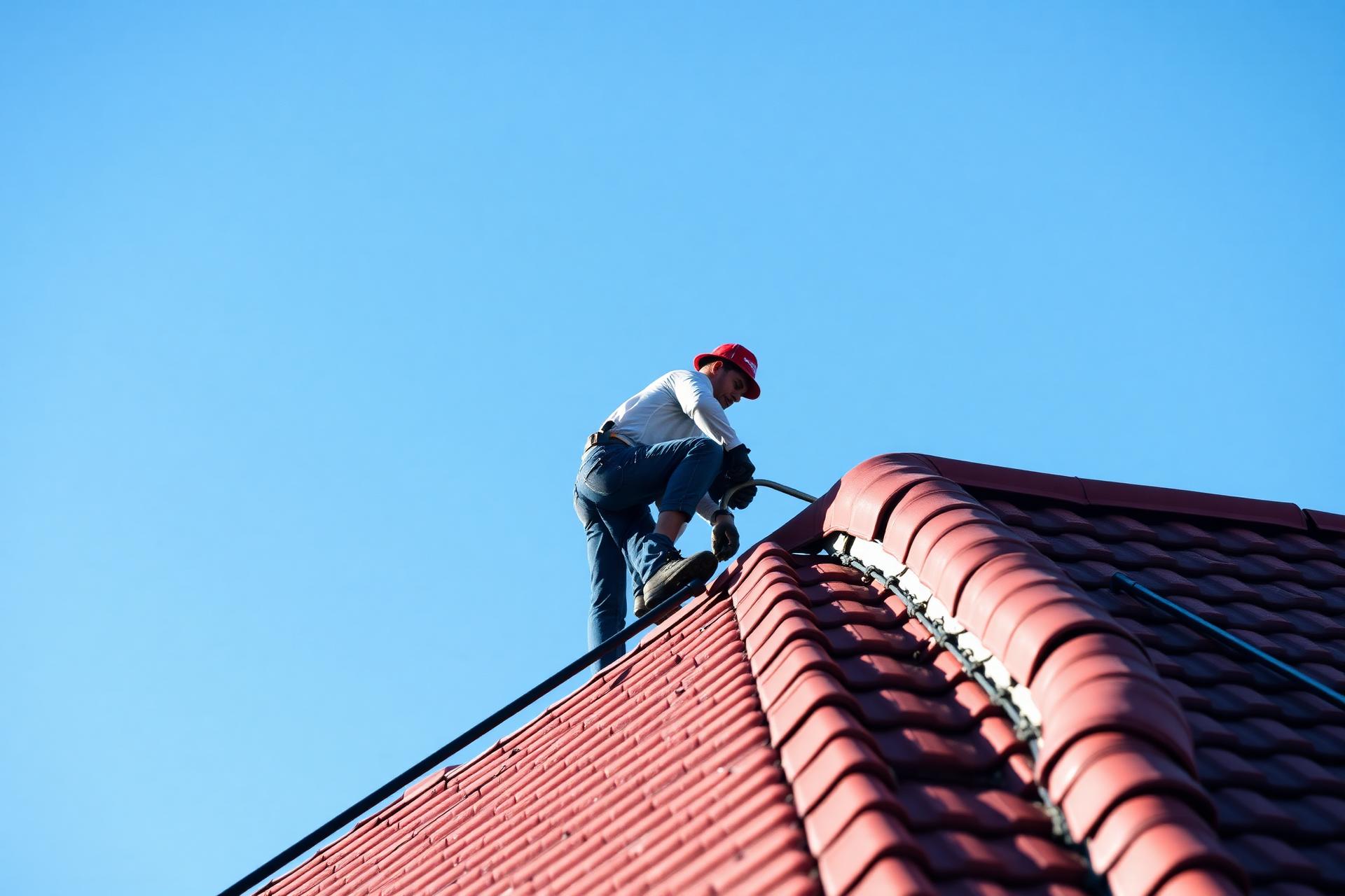 Dachdecker bei der Arbeit auf rotem Ziegeldach